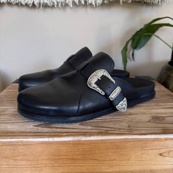 Steve Madden Ledger Black Leather Silver Western Buckle Slip On Mule Size 9.5 - Picture 1 of 15
